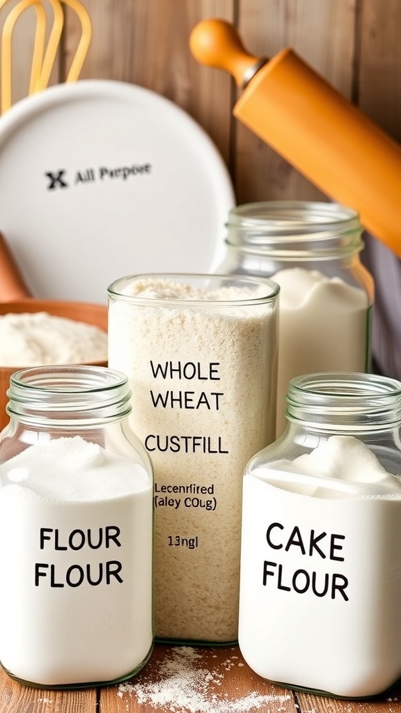 Various types of flour in jars with baking tools in a kitchen setting.